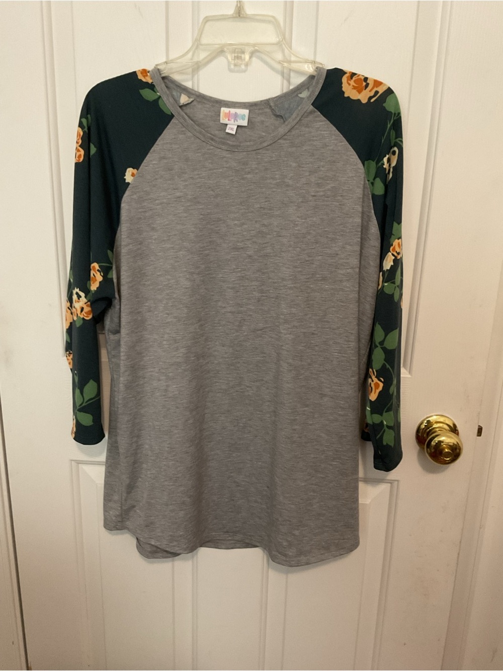 LuLaRoe Gray Raglan Top with Dark Green Floral Sleeves